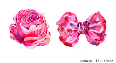 Watercolor illustration of a pink rose and satin bow in rich magenta tones. Elegant and feminine clipart perfect for floral designs, invitations, packaging, and romantic decor projects. Watercolor illustration of a pink rose and satin bow in rich magenta tones. Elegant and feminine clipart perfect for floral designs, invitations, packaging, and romantic decor projects. 132837622