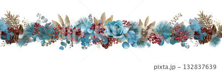 Blue flower garland with sparkly elements, created AI, PNG 132837639