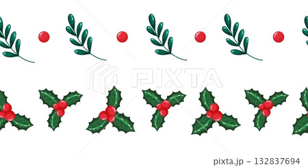 Set of Two Christmas Borders with Holly Leaves and Berries 132837694