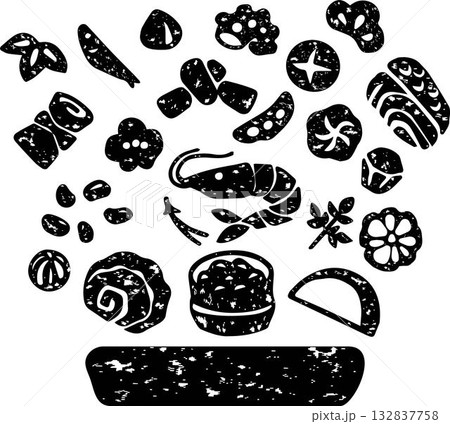 おせち料理の手描きアイコンセット お正月 和食 海老 黒豆 伊達巻 イラスト 版画 はんこ 素材 おせち料理の手描きアイコンセット お正月 和食 海老 黒豆 伊達巻 イラスト 版画 はんこ 素材 132837758