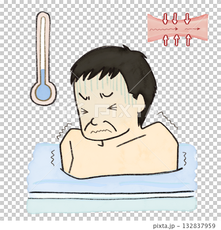 插圖描繪了一位中年男子因冷水浴的寒冷而感到驚訝,他的血管開始收縮。 插圖描繪了一位中年男子因冷水浴的寒冷而感到驚訝,他的血管開始收縮。 132837959