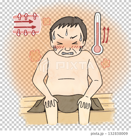 サウナに入って熱さを我慢する中年男性と急激な温度変化で血管が開いた図 132838009