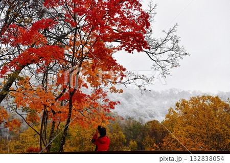 初冠雪の山を背景に紅葉をパチリ 初冠雪の山を背景に紅葉をパチリ 132838054