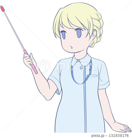 指し棒を持った可愛い女性看護師。ポインターで説明する若い女性のクリップアート 132838176