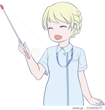 指し棒を持った笑顔の女性看護師。ポインターで説明する若い女性のクリップアート 指し棒を持った笑顔の女性看護師。ポインターで説明する若い女性のクリップアート 132838177