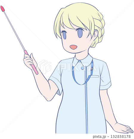 指し棒を持った笑顔の女性看護師。ポインターで説明する若い女性のクリップアート 指し棒を持った笑顔の女性看護師。ポインターで説明する若い女性のクリップアート 132838178