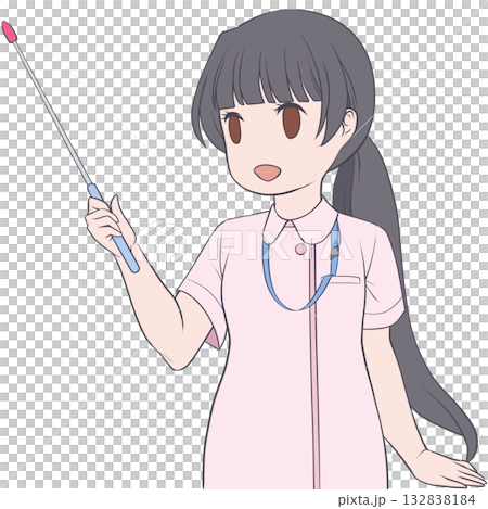 A smiling female nurse holding a pointer. Clip art of a young woman explaining with a pointer 132838184