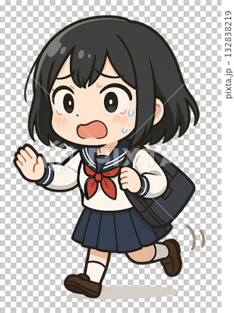A high school girl in a sailor uniform is running with her bag in a panic because she's late 132838219