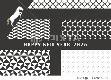 2026年午年 午の文字のモノトーン柄 オシャレな年賀状テンプレート 2026年午年 午の文字のモノトーン柄 オシャレな年賀状テンプレート 132838229