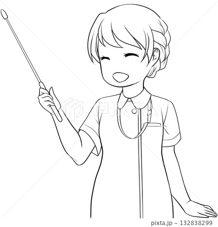 指し棒を持った笑顔の女性看護師。ポインターで説明する若い女性の未彩色線画 132838299