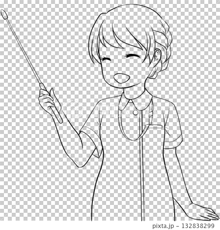 指し棒を持った笑顔の女性看護師。ポインターで説明する若い女性の未彩色線画 132838299