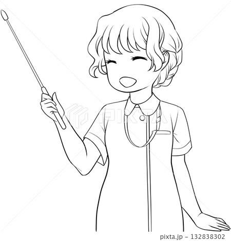 指し棒を持った笑顔の女性看護師。ポインターで説明する若い女性の未彩色線画 132838302
