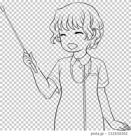 指し棒を持った笑顔の女性看護師。ポインターで説明する若い女性の未彩色線画 132838302