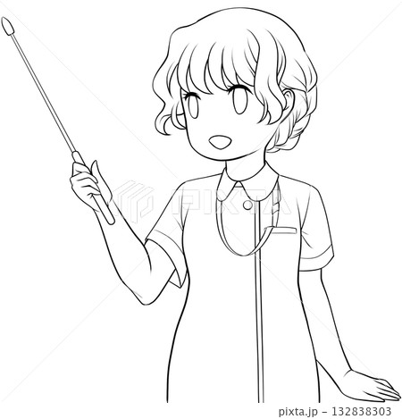 指し棒を持った笑顔の女性看護師。ポインターで説明する若い女性の未彩色線画 指し棒を持った笑顔の女性看護師。ポインターで説明する若い女性の未彩色線画 132838303