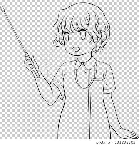 指し棒を持った笑顔の女性看護師。ポインターで説明する若い女性の未彩色線画 指し棒を持った笑顔の女性看護師。ポインターで説明する若い女性の未彩色線画 132838303