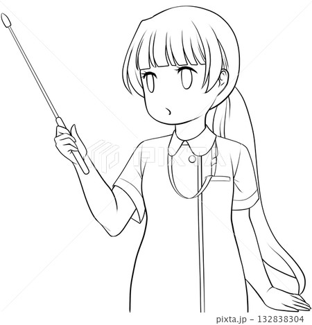 指し棒を持った可愛い女性看護師。ポインターで説明する若い女性の未彩色線画 132838304