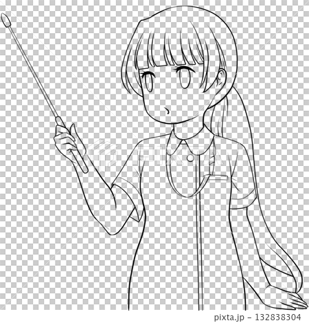 指し棒を持った可愛い女性看護師。ポインターで説明する若い女性の未彩色線画 132838304