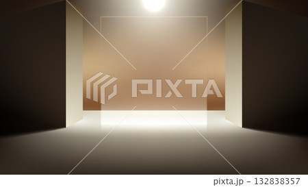 Modern elegant stage design for product presentation or exclusive showroom entrance with geometric architecture and blank central lighted panel Modern elegant stage design for product presentation or exclusive showroom entrance with geometric architecture and blank central lighted panel 132838357