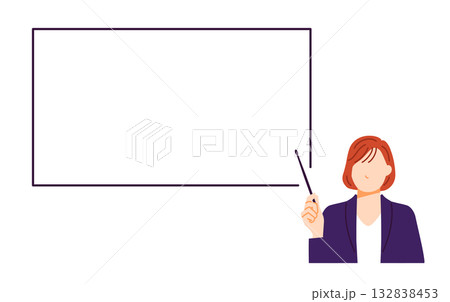 スーツを着たビジネスウーマンがホワイトボードを指示棒で示しているイラスト 132838453