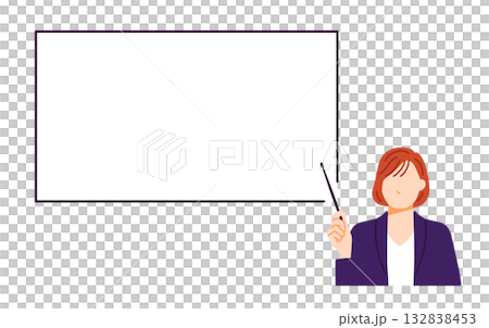 スーツを着たビジネスウーマンがホワイトボードを指示棒で示しているイラスト 132838453