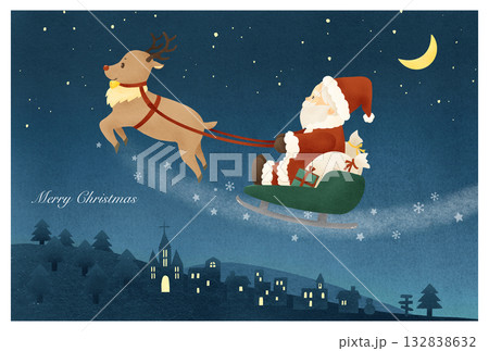 プレゼントを配りに行くサンタクロースとトナカイのクリスマスカード プレゼントを配りに行くサンタクロースとトナカイのクリスマスカード 132838632