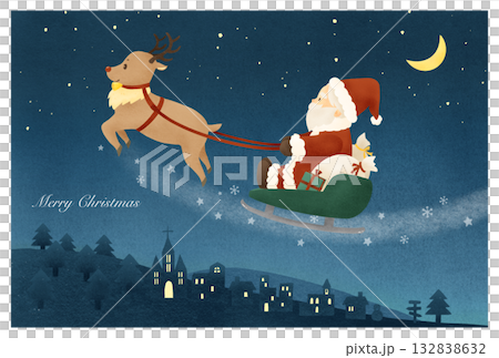 プレゼントを配りに行くサンタクロースとトナカイのクリスマスカード プレゼントを配りに行くサンタクロースとトナカイのクリスマスカード 132838632
