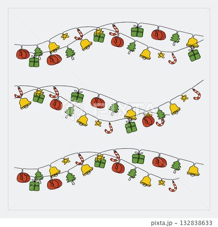 Doodle One Continuous Line Christmas Decoration Hanging Hand drawn colorful collection. Vector Illustration Doodle One Continuous Line Christmas Decoration Hanging Hand drawn colorful collection. Vector Illustration 132838633