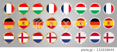 Flags Badge with gold and silver European of Hungary, France, Germany, Spain, Netherlands, England set.Vector Illustration Flags Badge with gold and silver European of Hungary, France, Germany, Spain, Netherlands, England set.Vector Illustration 132838644
