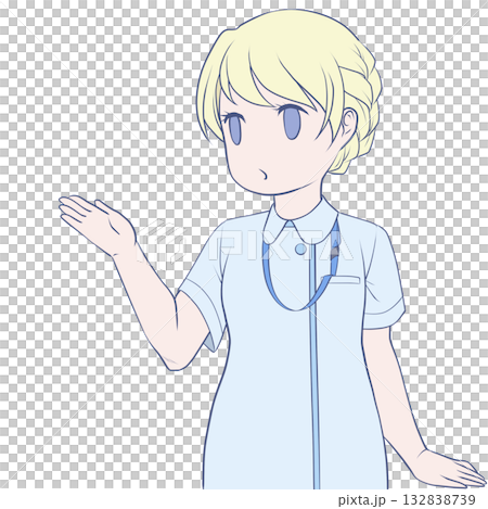 手で示して案内する可愛い女性看護師。説明する若い女性のクリップアート 132838739