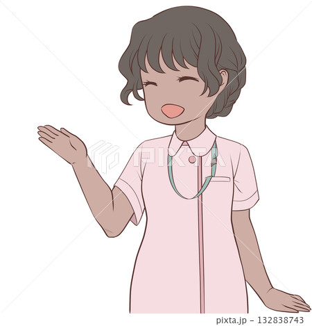 手で示して案内する笑顔の女性看護師。説明する若い女性のクリップアート 132838743