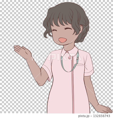 手で示して案内する笑顔の女性看護師。説明する若い女性のクリップアート 132838743