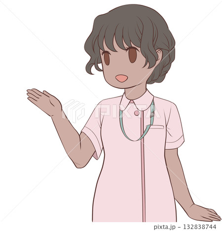 手で示して案内する笑顔の女性看護師。説明する若い女性のクリップアート 132838744