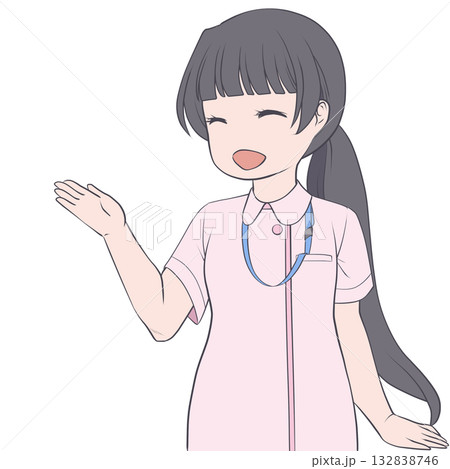 手で示して案内する笑顔の女性看護師。説明する若い女性のクリップアート 132838746