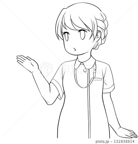 手で示して案内する可愛い女性看護師。説明する若い女性の未彩色線画 132838814