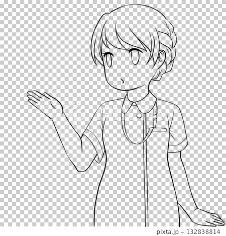 手で示して案内する可愛い女性看護師。説明する若い女性の未彩色線画 132838814