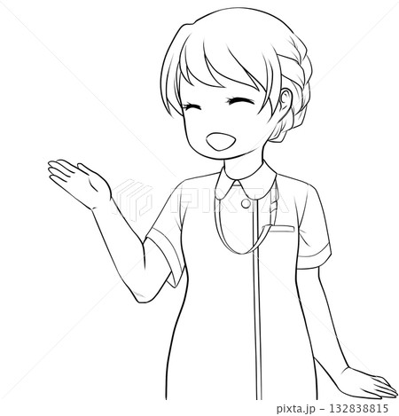 手で示して案内する笑顔の女性看護師。説明する若い女性の未彩色線画 132838815