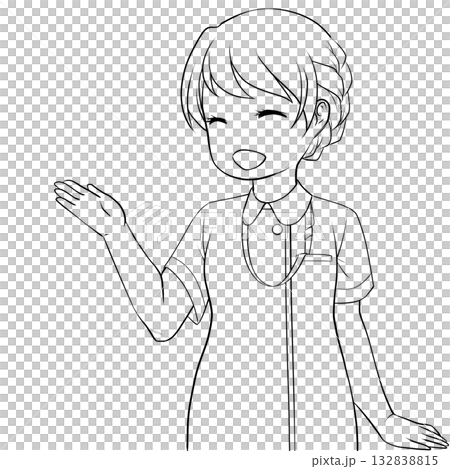 手で示して案内する笑顔の女性看護師。説明する若い女性の未彩色線画 132838815