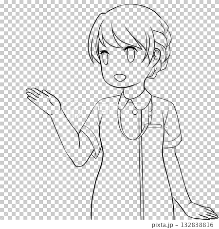 手で示して案内する笑顔の女性看護師。説明する若い女性の未彩色線画 132838816