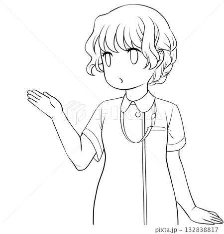 手で示して案内する可愛い女性看護師。説明する若い女性の未彩色線画 132838817