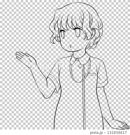 手で示して案内する可愛い女性看護師。説明する若い女性の未彩色線画 132838817