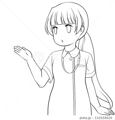 手で示して案内する可愛い女性看護師。説明する若い女性の未彩色線画 132838820
