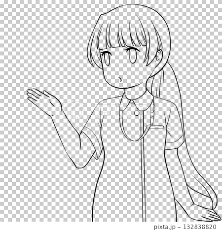 手で示して案内する可愛い女性看護師。説明する若い女性の未彩色線画 132838820