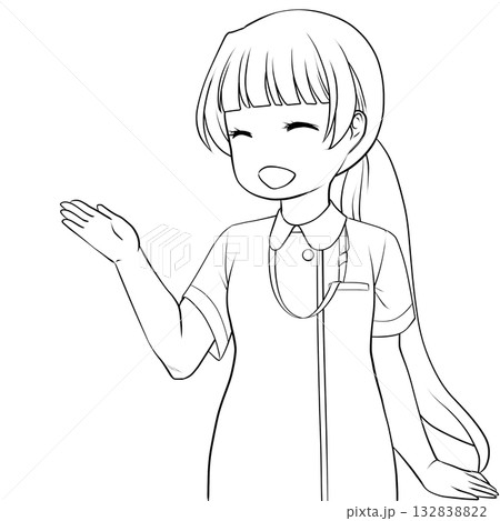 手で示して案内する笑顔の女性看護師。説明する若い女性の未彩色線画 132838822