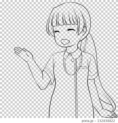 手で示して案内する笑顔の女性看護師。説明する若い女性の未彩色線画 132838822