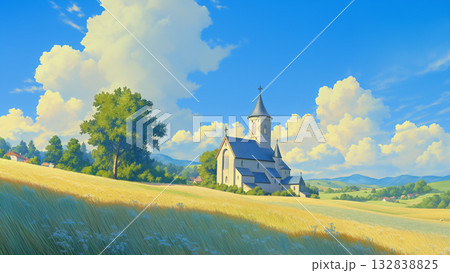 草原に建つ教会、アニメ風 132838825