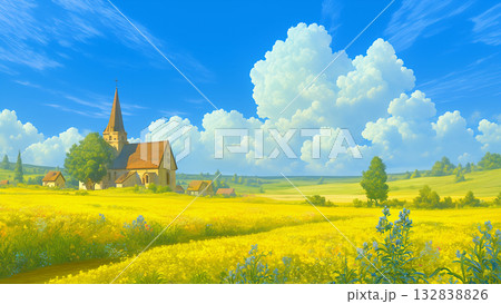 青々後した大地と田舎の教会、アニメ風 132838826