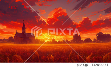 夕日と田舎の教会、アニメ風 132838831
