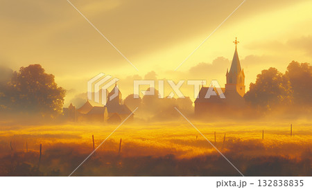 夕暮れの教会、アニメ風 132838835