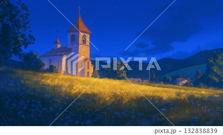 夜の街のポツンとある教会、アニメ風 132838839