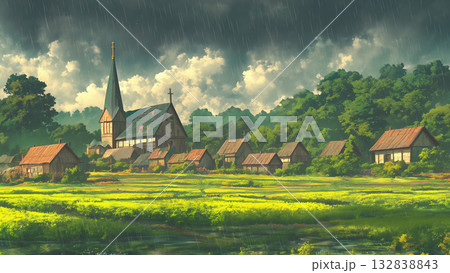 村に降る雨と教会、アニメ風 132838843